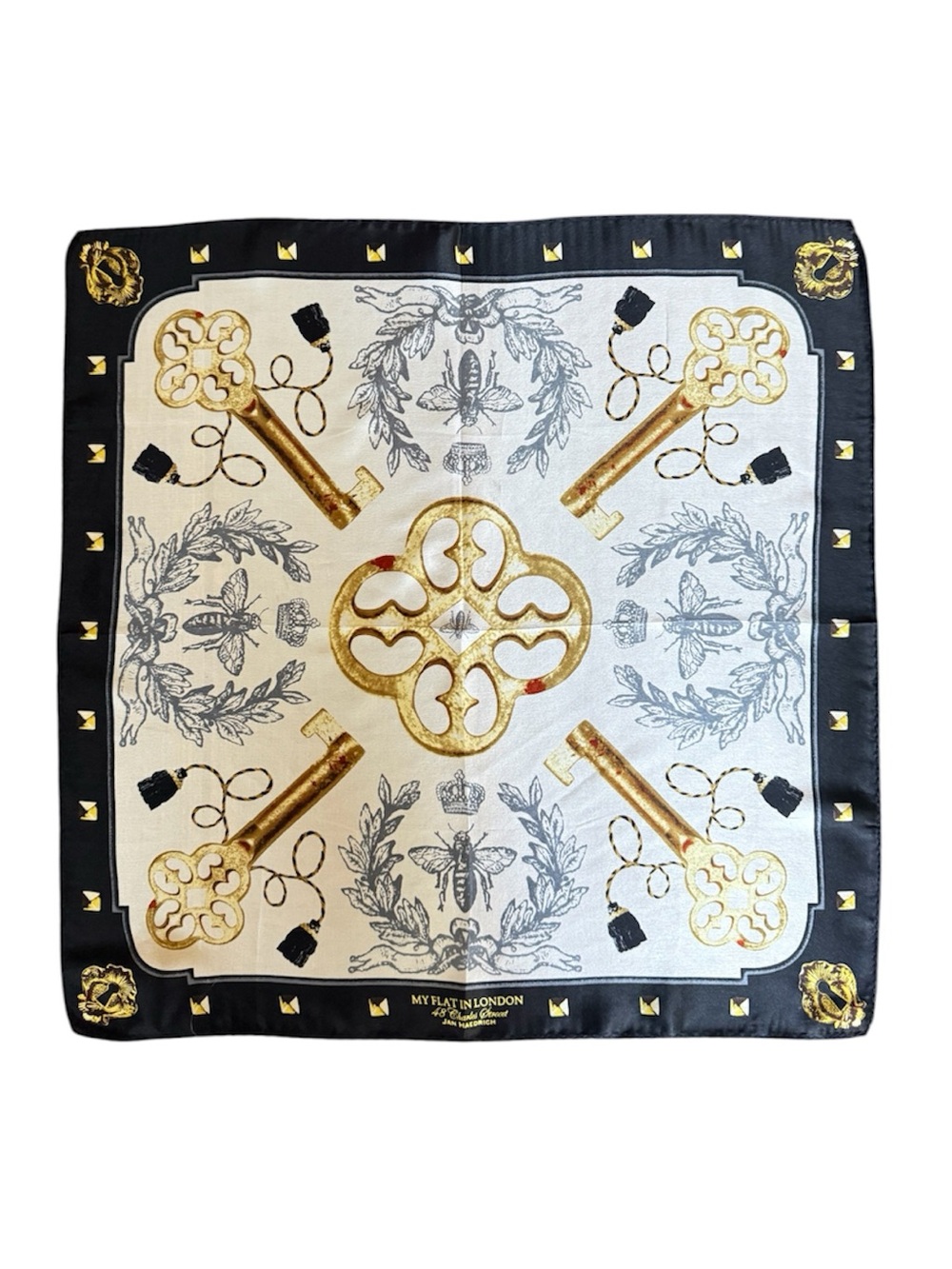 Brighton “My Flat in London” Silk Scarf ✨ Gold Keys & Bees 19x19